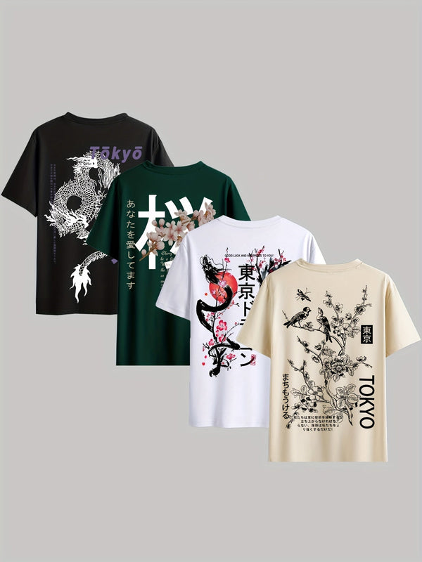 Jerico - 4-teiliges Set aus lässigem Kurzarm-T-Shirt mit Tokio-Drachen-Print für Männer