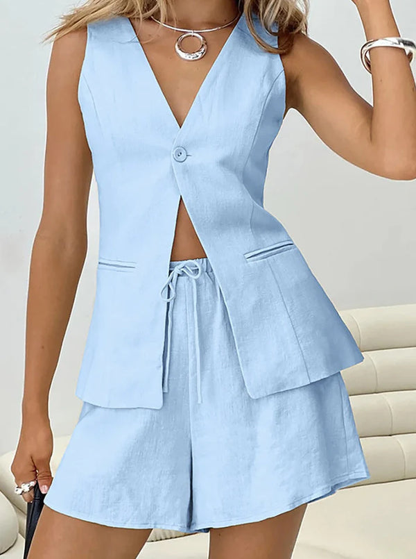 Amira – Stilvolles zweiteiliges Set mit V-Ausschnitt und hoher Taille für Damen