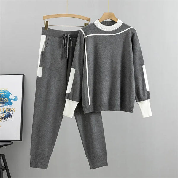 Ana - Lässiges Herbst-Set aus Strick-Patchwork-Oberteil und -Hosen für Damen