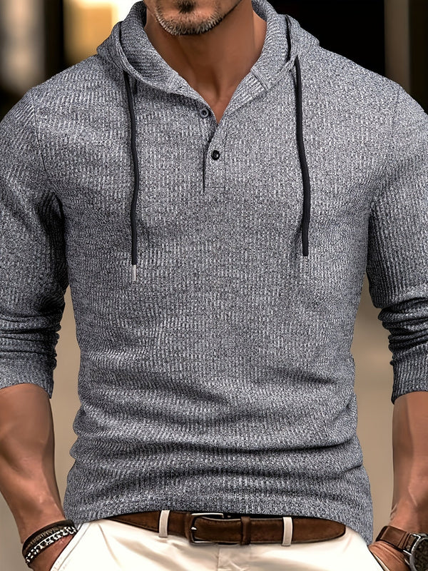 Danny - Geripptes Langarm-Henley-Shirt mit Kapuze und Knöpfen Oberteile für Männer
