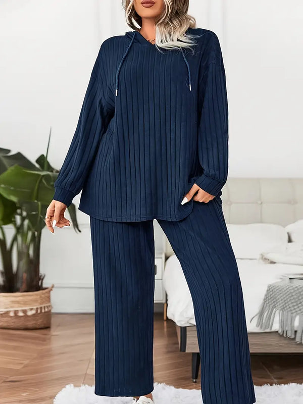 1 Set Damen-Kapuzenpullover und -Hose in Übergröße, lässig, gestreift, Polyester-Strickstoff, hohe Elastizität, Kapuze mit Kordelzug, langärmeliges Lounge-Set