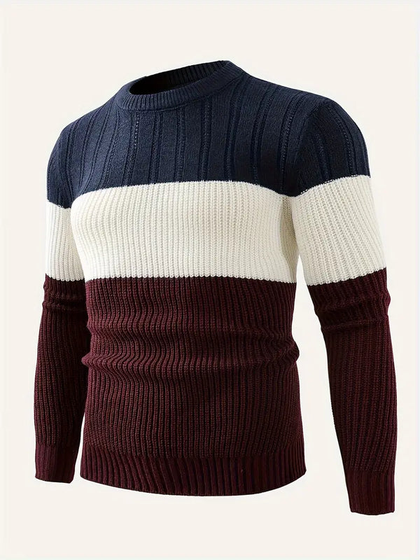 Herren-Strickpullover mit Farbblock und Rundhalsausschnitt, Herbst/Winter-Strickpullover